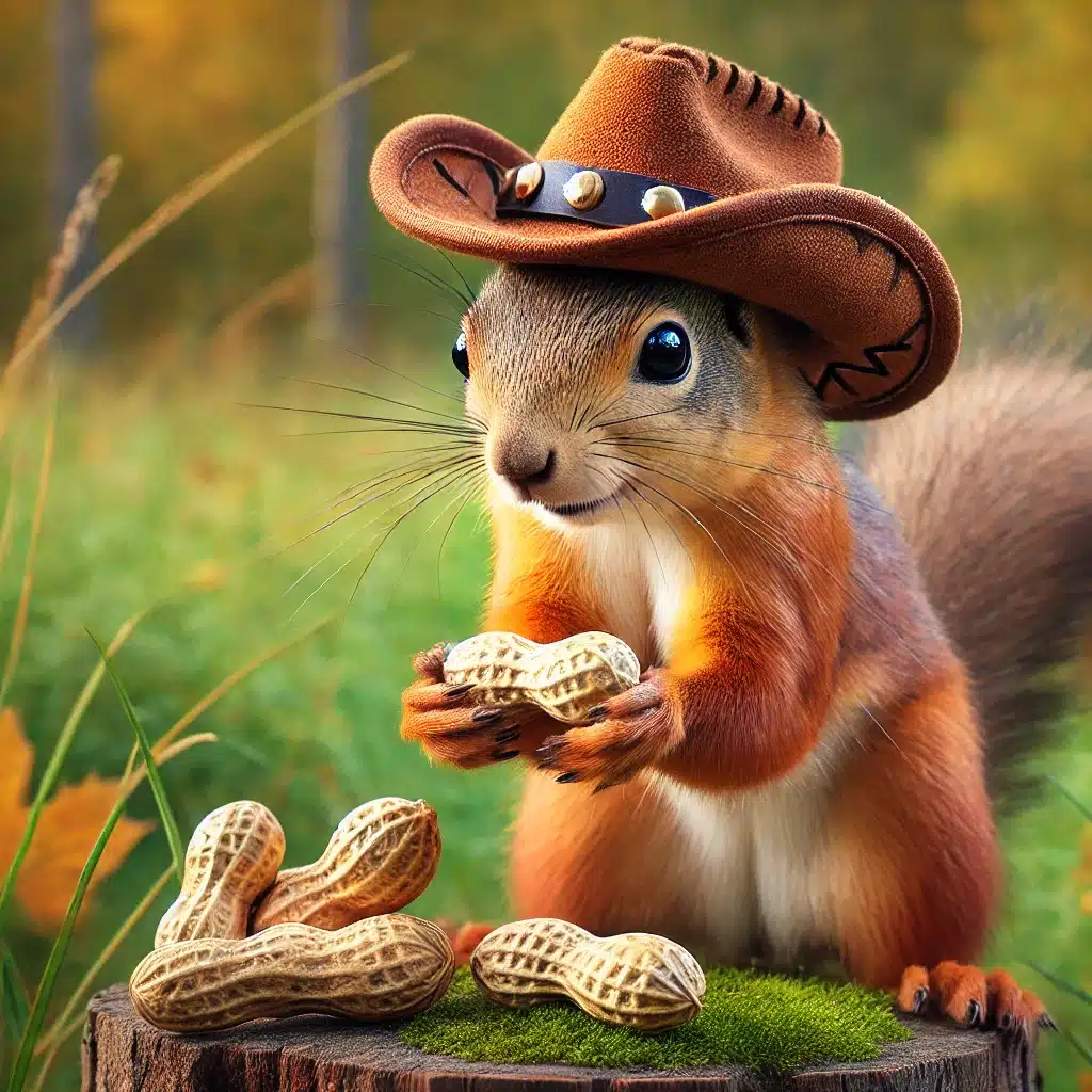 Peanut the Squirrel, often pictured with a hat, was an internet sensation and has now become a memecoin and a political talking point. (DALL·E 3)