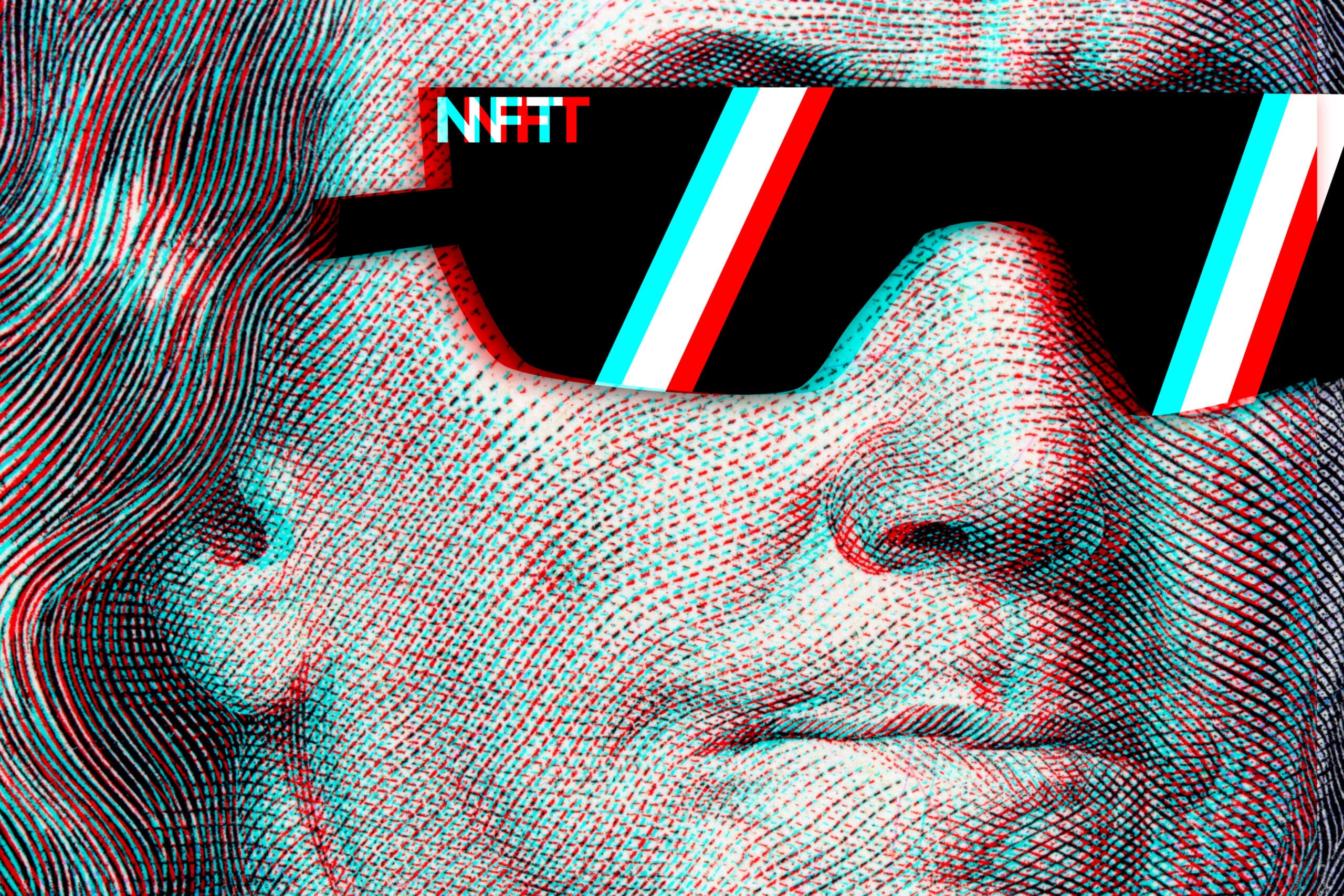 Concept cryptographic nft on a hundred-dollar bill franklin in glasses. (Shutterstock)