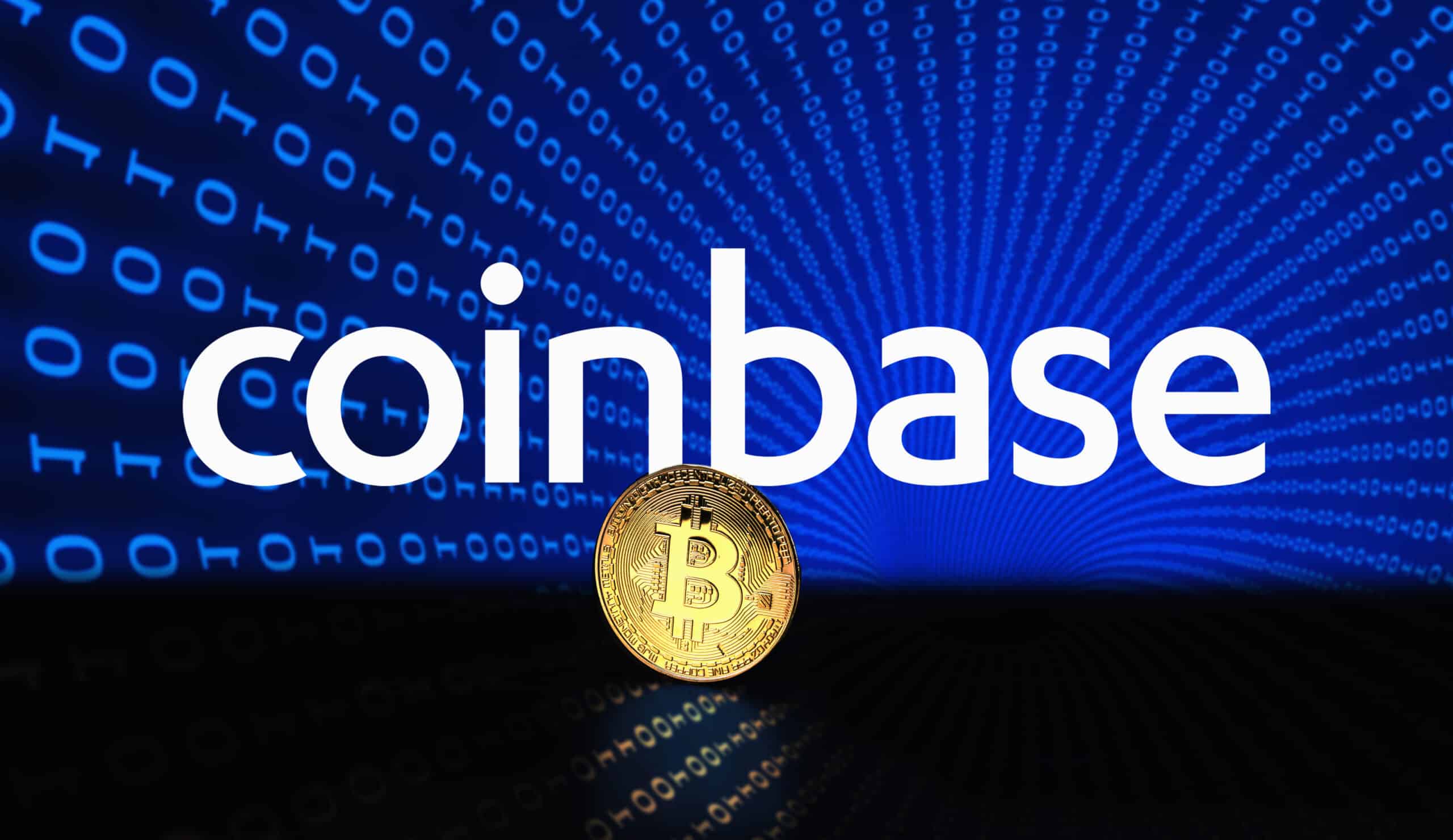 Coinbase cryptocurrency stock market name on abstract digital background. Coinbase logo with Bitcoin (Shutterstock)