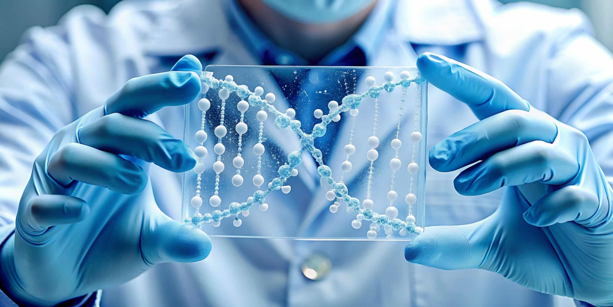 Close up scientist hands holding test tubes with DNA gel. Laboratory worker conducting research in the field of molecular biology. Scientific researcher in blue rubber gloves doing test in laboratory. (Shutterstock)